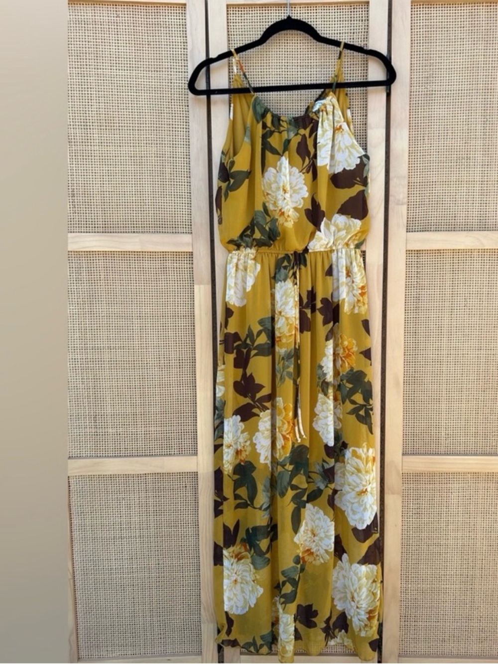 Sweet Storm Mustard and White Floral Maxi Dress, size Medium